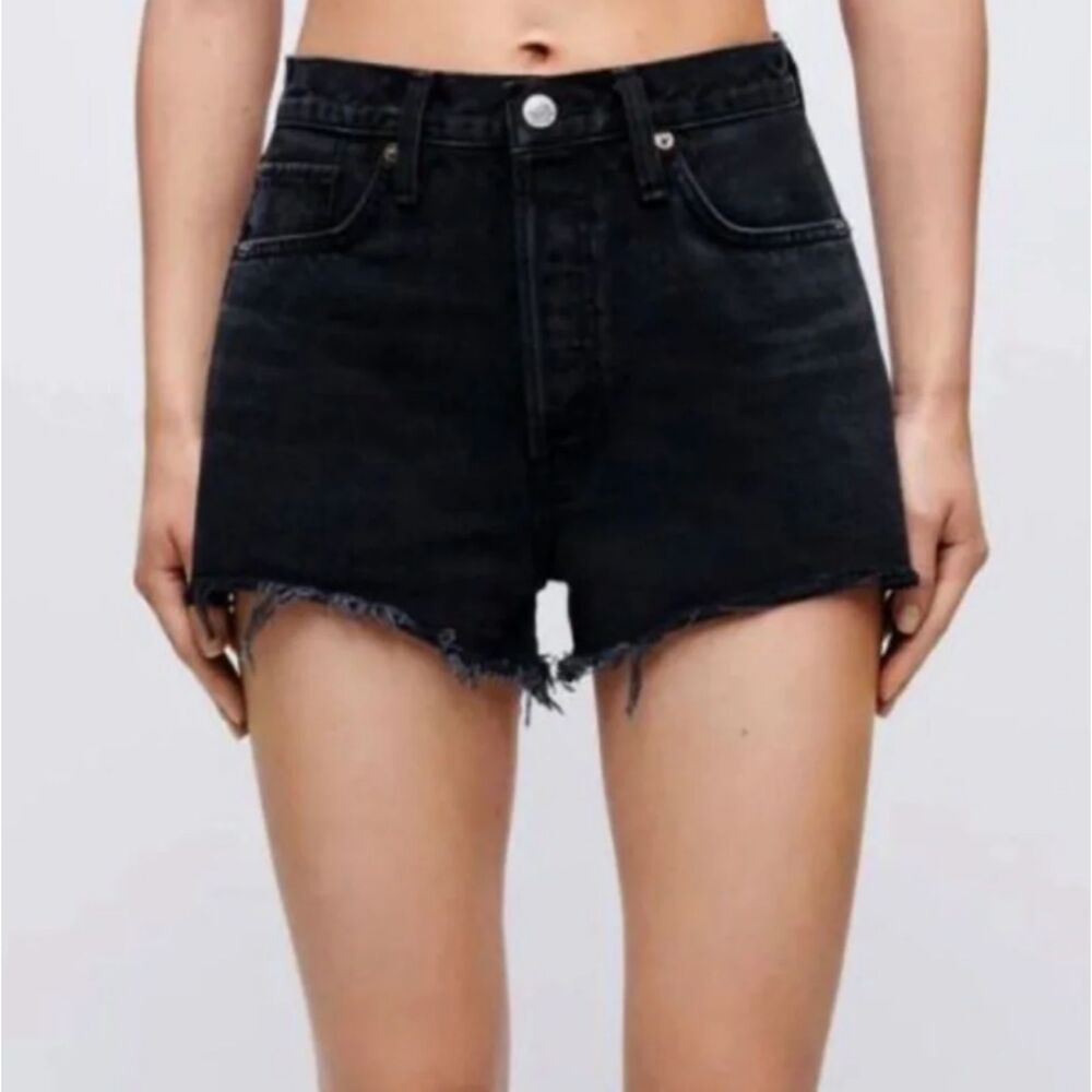 Reformation Charlie Denim Shorts 31 Black High Rise Frayed Hem Button Fly Rigid